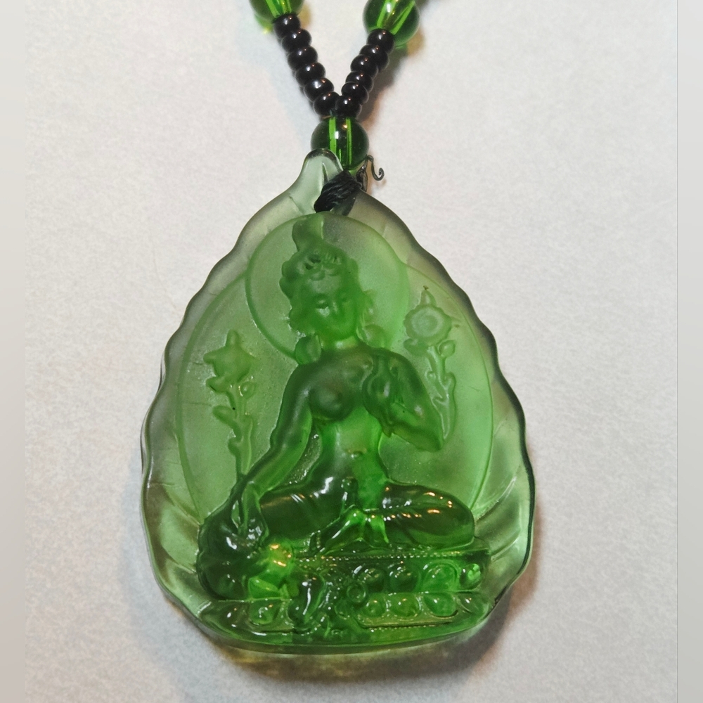 Spiritual Tribal Style Buddha Green Glass Necklace Pendant